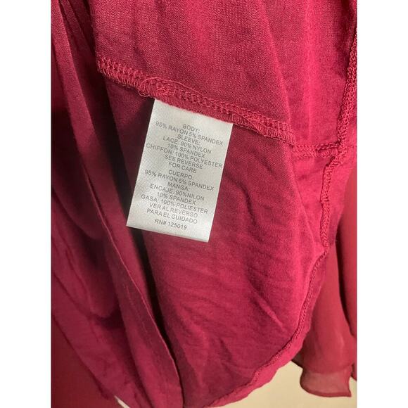 Joseph A. Lace Bell Sleeve Top Mock Neck Pullover Stertch Burgundy Size L NWT - Picture 4 of 6